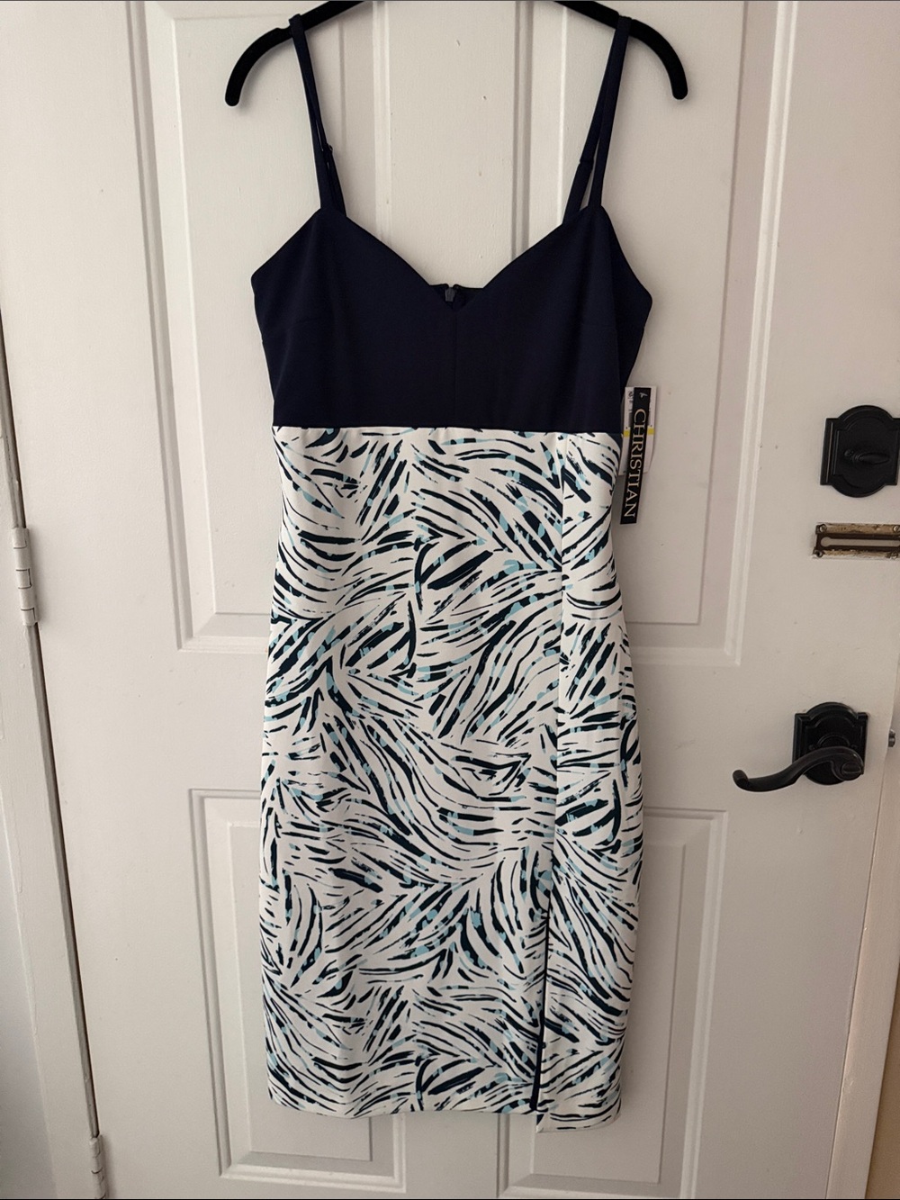 Midi Dress with Navy Bodice and White Abstract Skirt NWT